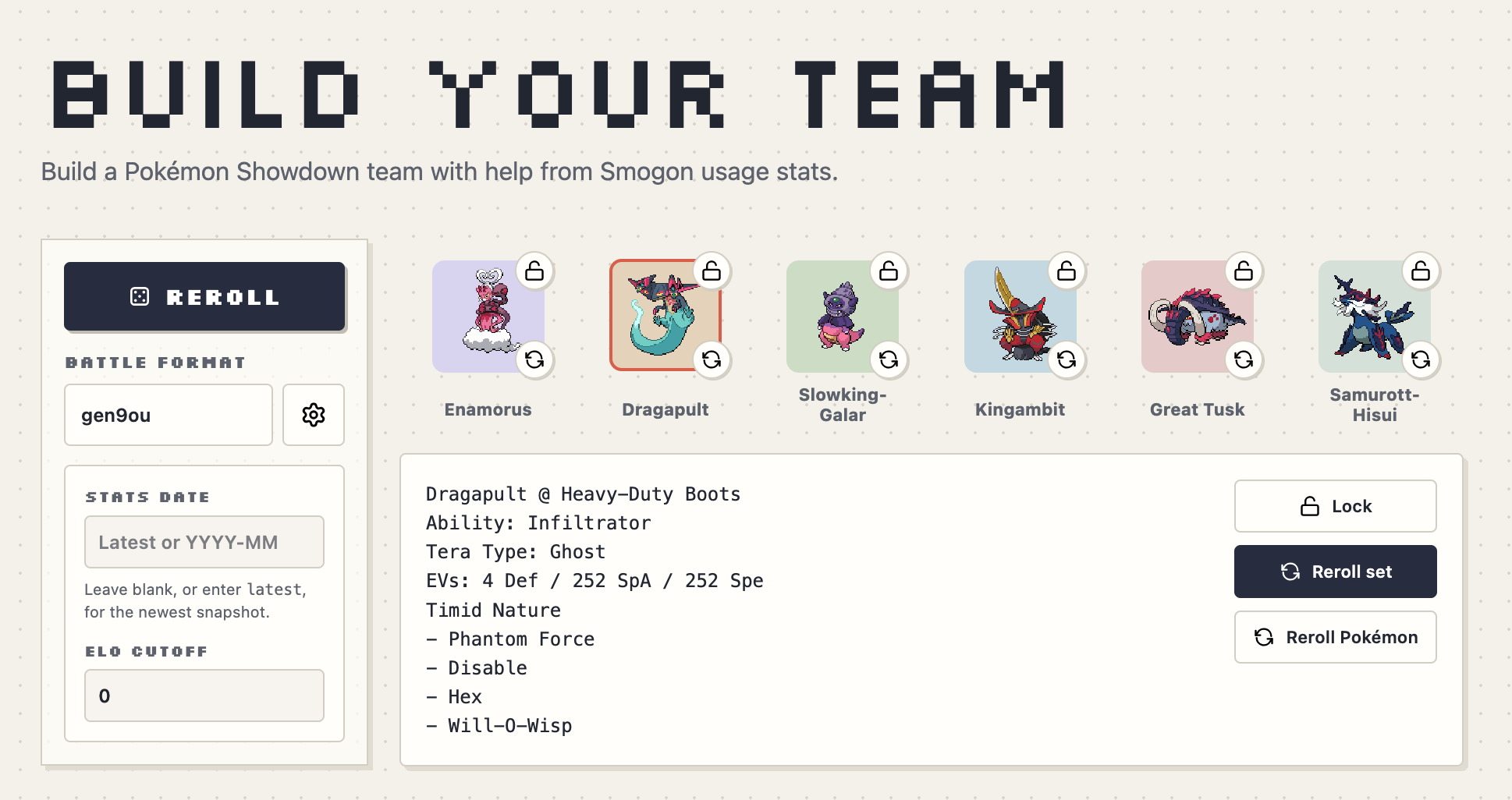 Pokémon Team Builder showing a generated Gen 9 OU team